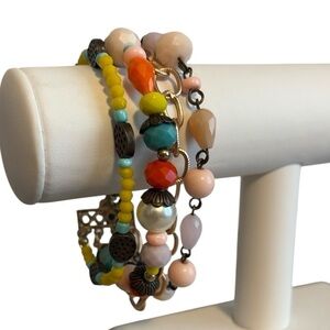Plunder 4 Strand Beaded Bracelet Gold Tone with Pink Orange and Yellow